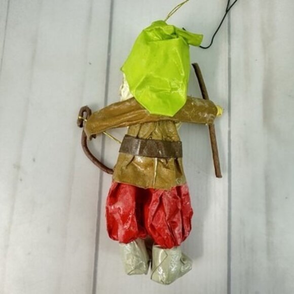 Vintage Elf Gnome Paper Mache Christmas Ornament Bow Arrow Woodsman 5" - Picture 2 of 5